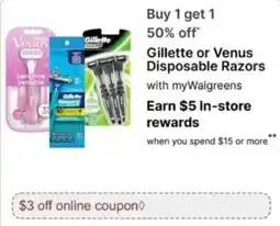 Walgreens Gillette or Venus Disposable Razors offer
