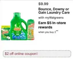 Walgreens Bounce, Downy or Gain Laundry Care offer