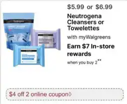 Walgreens Neutrogena Cleansers or Towelettes offer