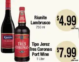 Big Saver Foods Riunite Lambrusco 750 ml Tipo Jerez Tres Coronas Port Wine 1 Liter offer