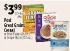 Pioneer Supermarkets Post great grains cereal or bran flakes or grape-nuts offer