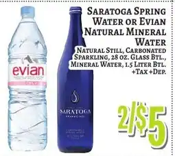 Trade Fair Supermarket Saratoga Spring Water or Evian Natural Mineral Water offer