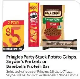 Raley's Pringles Party Stack Potato Crisps, Snyder's Pretzels or Barebells Protein Bar offer