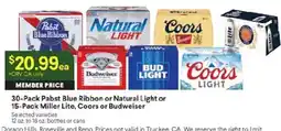 Raley's 30-Pack Pabst Blue Ribbon or Natural Light or 15-Pack Miller Lite, Coors or Budweiser offer