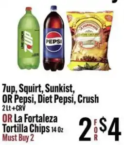 Jons International 7up, Squirt, Sunkist, or Pepsi, Diet Pepsi, Crush or La Fortaleza Tortilla Chips offer