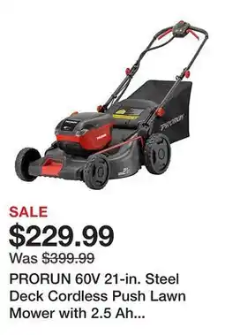 Tractor Supply Company PRORUN 60V 21-in. Steel Deck Cordless Push Lawn Mower with 2.5 Ah Battery and Charger offer