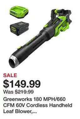 Tractor Supply Company Greenworks 180 MPH/660 CFM 60V Cordless Handheld Leaf Blower, Battery and Charger Included offer