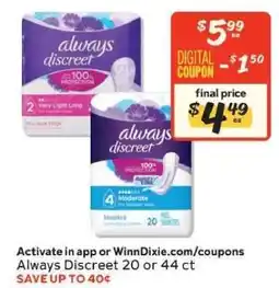 Winn Dixie Always Discreet 20 or 44 ct offer