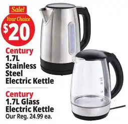 Ocean State Job Lot Century 1.7L Stainless Steel Electric Kettle, Century 1.7L Glass Electric Kettle offer