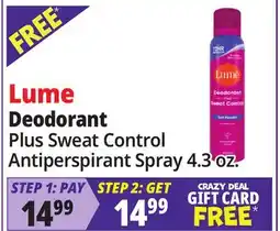 Ocean State Job Lot Lume Deodorant Plus Sweat Control Antiperspirant Spray offer