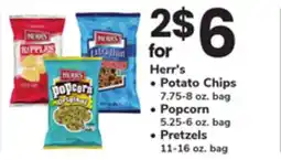 ACME Herr's Potato Chips 7.75-8 oz. bag, Popcorn 5.25-6 oz. bag, Pretzels 11-16 oz. bag offer