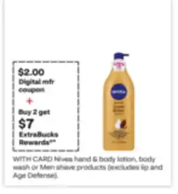 CVS Nivea hand & body lotion, body wash or Men shave products (excludes lip and Age Defense) offer