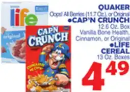 Bravo Supermarkets QUAKER or CAP'N CRUNCH or LIFE CEREAL offer