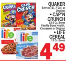 C Town QUAKER, CAP'N CRUNCH, LIFE CEREAL offer