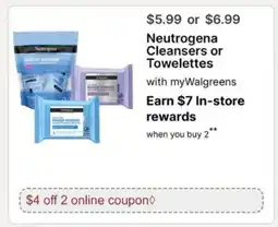 Walgreens Neutrogena Cleansers or Towelettes offer