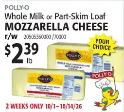 Restaurant Depot POLLY-O Whole Milk or Part-Skim Loaf MOZZARELLA CHEESE offer