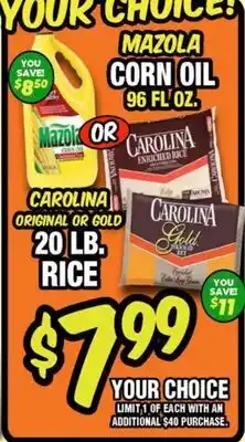 Western Beef MAZOLA CORN OIL 96 FL OZ., CAROLINA ORIGINAL OR GOLD 20 LB RICE offer