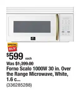 The Home Depot Forno Scalo 1000W 30 in. Over the Range Microwave, White, 1.6 cu. ft, 300 CFM Convertible Vent offer