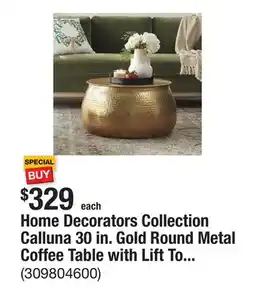 The Home Depot Home Decorators Collection Calluna 30 in. Gold Round Metal Coffee Table with Lift Top Storage offer