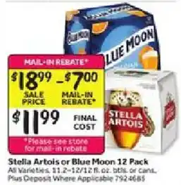 Stella Artois or Blue Moon 12 Pack