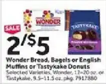 Stop&Shop Wonder Bread, Bagels or English Muffins or Tastykake Donuts offer
