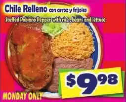 Savers Cost Plus Chile Relleno with rice, beans and lettuce offer