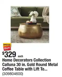 The Home Depot Home Decorators Collection Calluna 30 in. Gold Round Metal Coffee Table with Lift To... offer