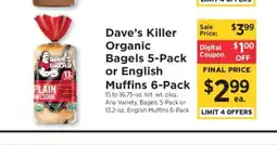 ShopRite Dave’s Killer Organic Bagels 5-Pack or English Muffins 6-Pack offer