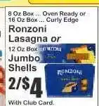 Key Food Ronzoni Lasagna or Jumbo Shells offer