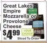 Key Food Great Lakes Empire Mozzarella or Provolone Cheese offer