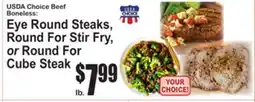 SuperFresh USDA Choice Beef Eye Round Steaks, Round For Stir Fry, or Round For Cube Steak offer