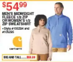 Dunham's Sports Carhartt men's midweight fleece 1/2 zip or women's 1/2 zip sweatshirt offer