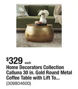 The Home Depot Home Decorators Collection Calluna 30 in. Gold Round Metal Coffee Table with Lift Top Storage offer