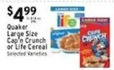 Met Foodmarkets Quaker Large Size Cap'n Crunch or Life Cereal offer