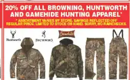 Dunham's Sports All browning, huntworth and gamehide hunting apparel offer