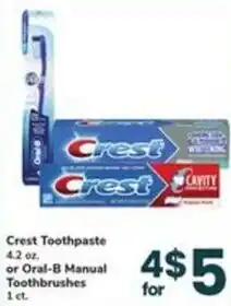 Safeway Crest Toothpaste or Oral-B Manual Toothbrushes offer