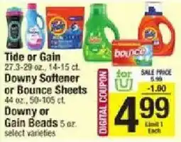 Star Market Tide or Gain Downy Softener or Bounce Sheets Downy or Gain Beads offer