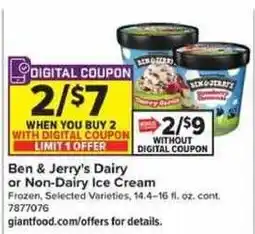 Giant Food Ben & Jerry's Dairy or Non-Dairy Ice Cream offer