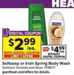 Giant Food Softsoap or Irish Spring Body Wash offer