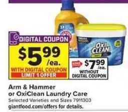 Giant Food Arm & Hammer Laundry Care or OxiClean Laundry Care offer