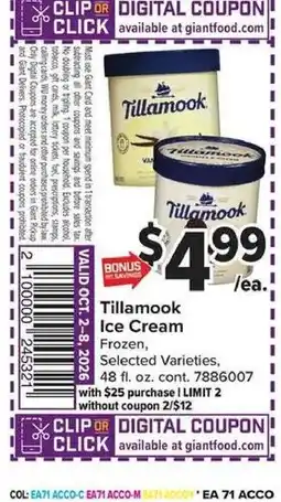Giant Food Tillamook ice cream offer