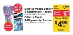 ShopRite Gillette Venus Simply 3-Disposable Razors or Gillette Mach 3-Disposable Razors offer