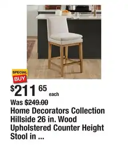 The Home Depot Home Decorators Collection Hillside 26 in. Wood Upholstered Counter Height Stool in Wheat Color offer