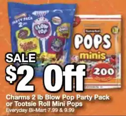 Bi-Mart Charms Blow Pop Party Pack or Tootsie Roll Mini Pops offer