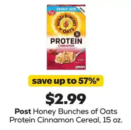 Grocery Outlet Post Honey Bunches of Oats Protein Cinnamon Cereal offer