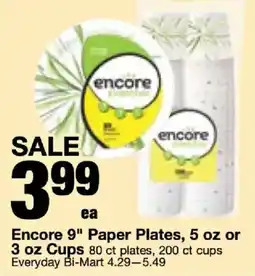 Bi-Mart Encore 9" Paper Plates, 5 oz or 3 oz Cups offer