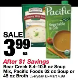 Bi-Mart Bear Creek Soup Mix, Pacific Foods Soup or Broth offer