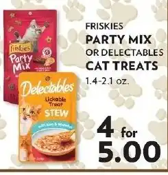 Reasors Friskies party mix or delectables cat treats offer