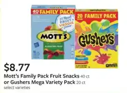 Fareway Mott's Family Pack Fruit Snacks or Gushers Mega Variety Pack offer