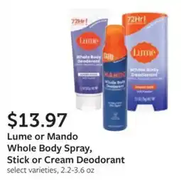 Fareway Lume or Mando Whole Body Spray, Stick or Cream Deodorant offer